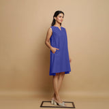 Blue Cotton Poplin Hand Embroidered Knee-Length Godet Dress