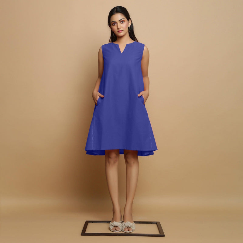 Blue Cotton Poplin Hand Embroidered Knee-Length Godet Dress 42" / Custom Height (Free) Blue Cotton Poplin Hand Embroidered Knee-Length Godet Dress 42" / Custom Height (Free)