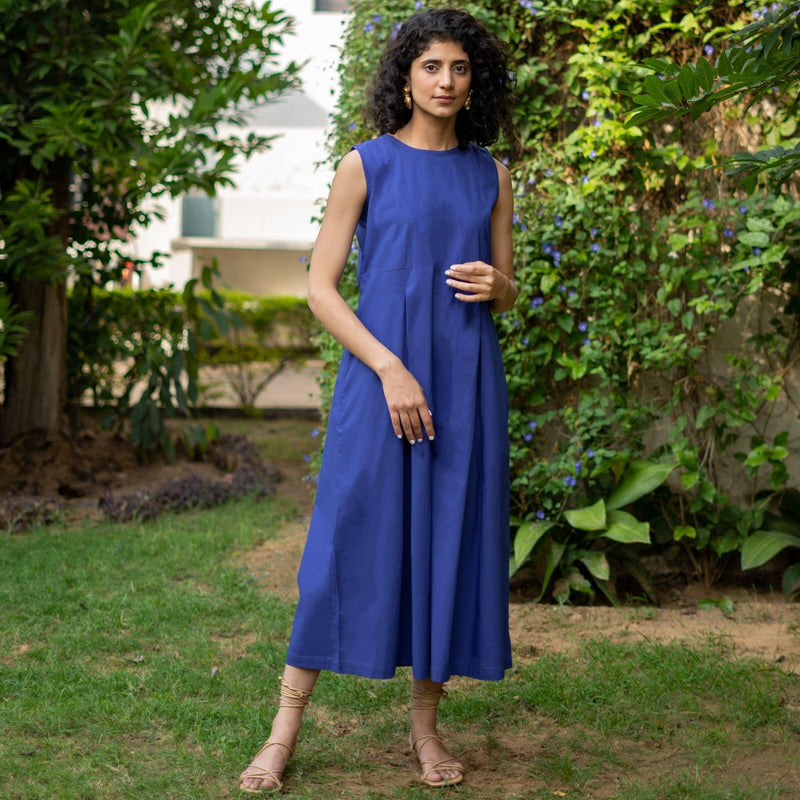 Blue Cotton Poplin High-Rise Flared Sleeveless Jumpsuit