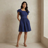 Blue Cotton Poplin Open-Back Fit and Flare Knee Length Dress