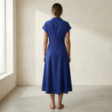 Blue Cotton Poplin Paneled A-Line Midi Dress