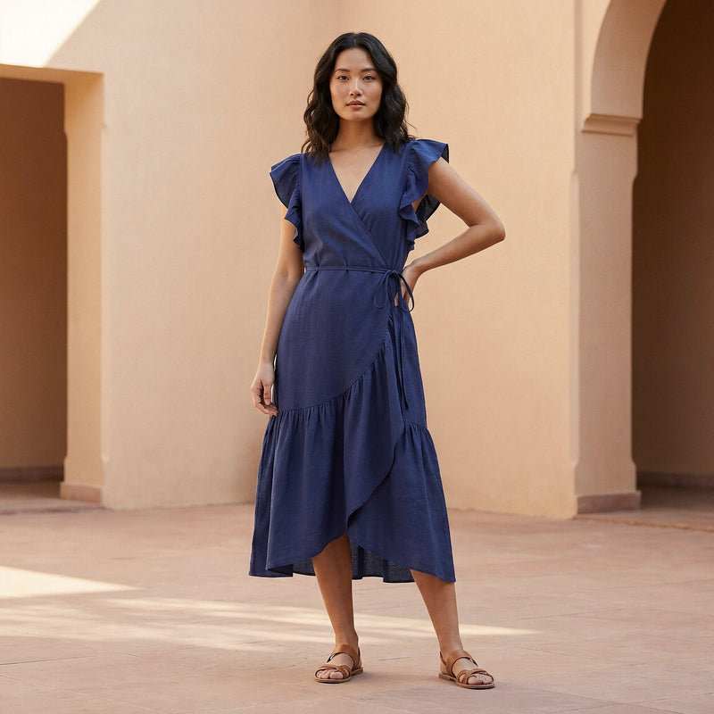 Blue Cotton Poplin Ruffle Midi Wrap Dress 28