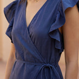 Blue Cotton Poplin Ruffle Midi Wrap Dress