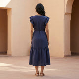Blue Cotton Poplin Ruffle Midi Wrap Dress