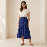 Blue Cotton Poplin Ruffle Midi Wrap Skirt
