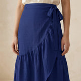 Blue Cotton Poplin Ruffle Midi Wrap Skirt