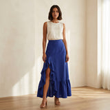Blue Cotton Poplin Ruffle-Slit A-Line Maxi Skirt
