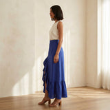 Blue Cotton Poplin Ruffle-Slit A-Line Maxi Skirt