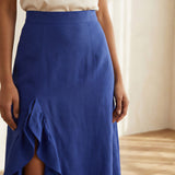 Blue Cotton Poplin Ruffle-Slit A-Line Maxi Skirt