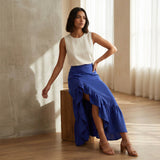 Blue Cotton Poplin Ruffle-Slit A-Line Maxi Skirt