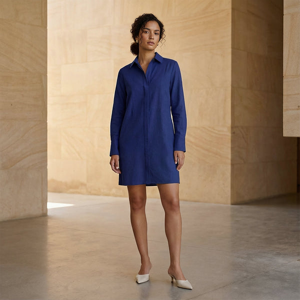 Blue Cotton Poplin Short Button-Down Shirt Dress Custom Size (Free) / Regular (5'2