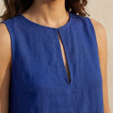 Blue Cotton Poplin Sleeveless A-Line Short Shift Dress