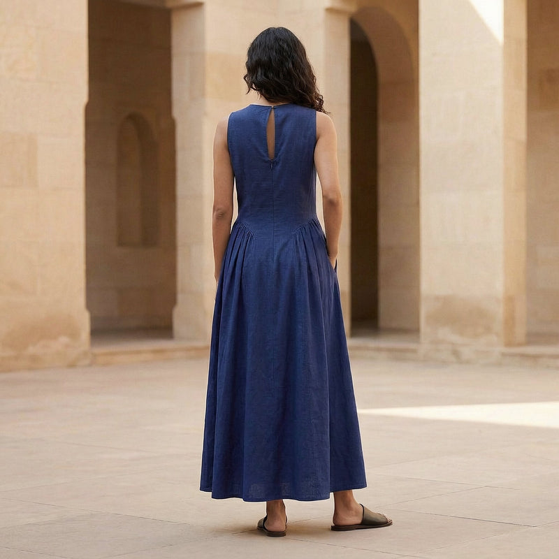 Blue Cotton Poplin Sleeveless Paneled Maxi Dress 28