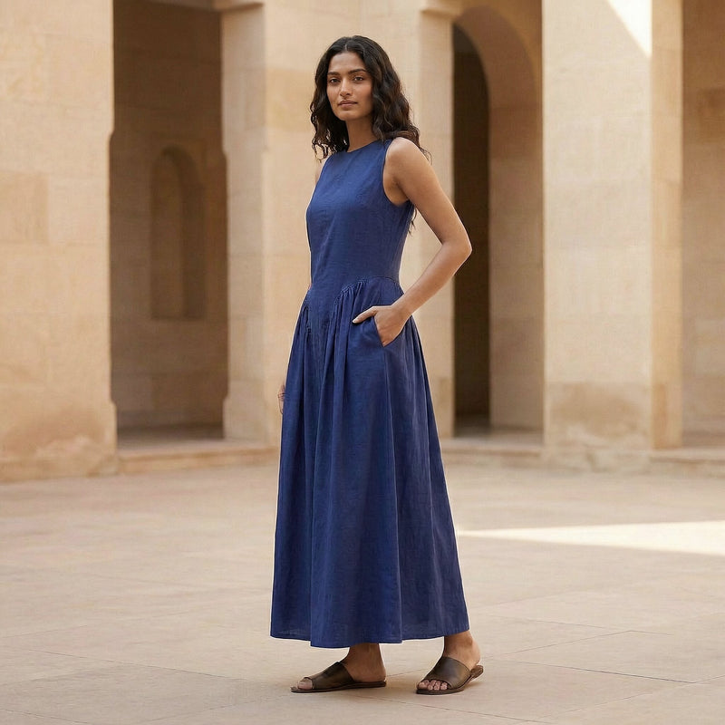 Buy Blue Cotton Poplin Sleeveless Paneled Maxi Dress Online at SeamsFriendly