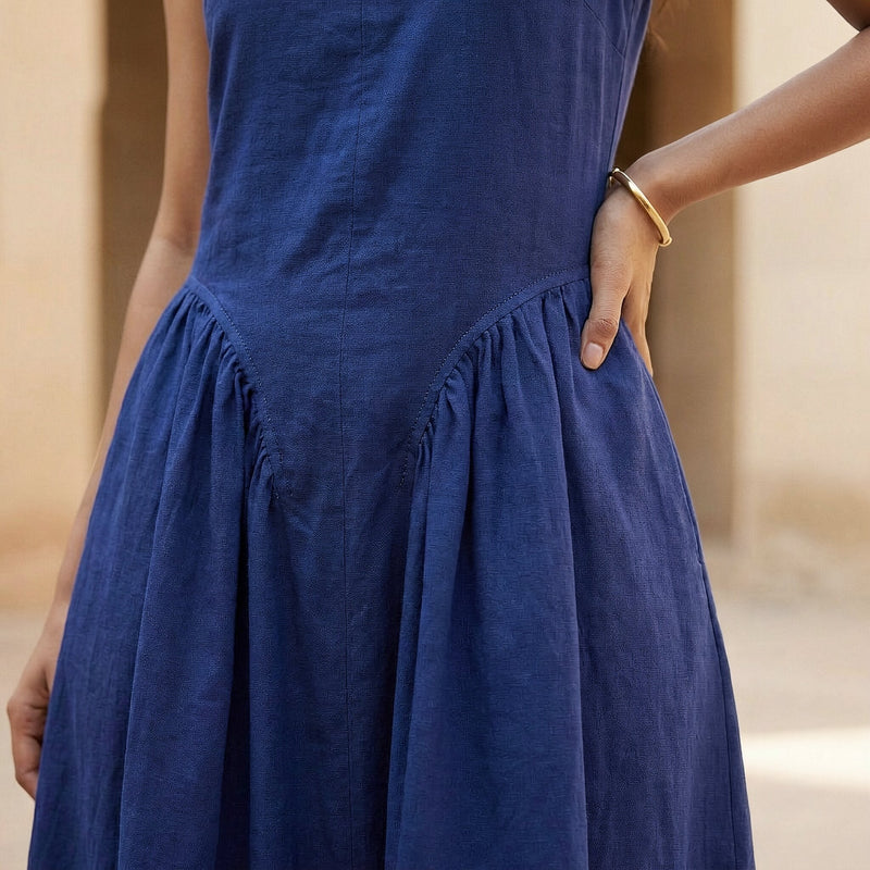 Blue Cotton Poplin Sleeveless Paneled Maxi Dress 28