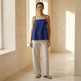 Blue Cotton Poplin Spaghetti Strap Top with Elastic Gathered Back