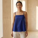Blue Cotton Poplin Spaghetti Strap Top with Elastic Gathered Back