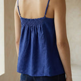 Blue Cotton Poplin Spaghetti Strap Top with Elastic Gathered Back