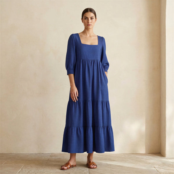 blue dress square neck Cotton Poplin Tiered Midi 50