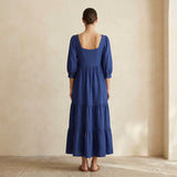 Blue Cotton Poplin Square Neck Tiered Midi Dress