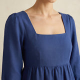 Blue Cotton Poplin Square Neck Tiered Midi Dress