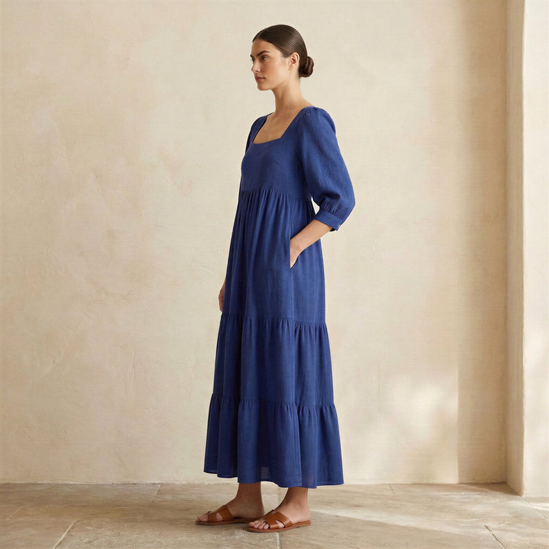 Blue Cotton Poplin Square Neck Tiered Midi Dress 50