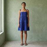 Blue Cotton Poplin Tie-Strap Tiered Short Sundress