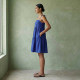 Blue Cotton Poplin Tie-Strap Tiered Short Sundress