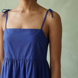 Blue Cotton Poplin Tie-Strap Tiered Short Sundress