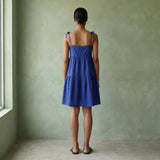 Blue Cotton Poplin Tie-Strap Tiered Short Sundress
