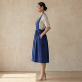 Blue Cotton Poplin V-Neck Pinafore Midi Wrap Dress