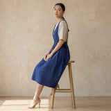 Blue Cotton Poplin V-Neck Pinafore Midi Wrap Dress