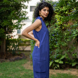 Blue Cotton Poplin V-Neck Sleeveless Cargo Jumpsuit