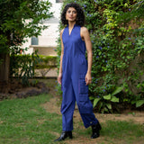 Blue Cotton Poplin V-Neck Sleeveless Cargo Jumpsuit