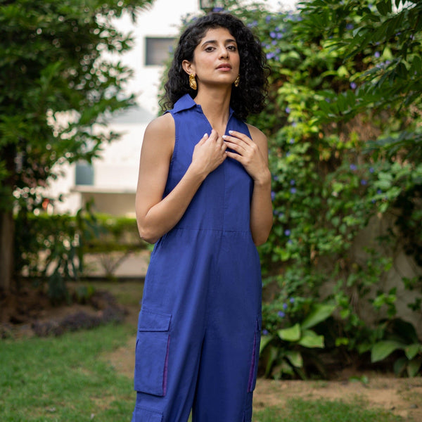 Blue Cotton Poplin V-Neck Sleeveless Cargo Jumpsuit