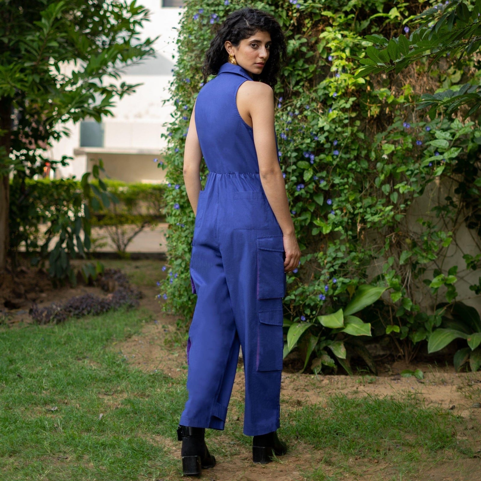 Buy Blue Cotton Poplin V-Neck Sleeveless Cargo Jumpsuit Online at 