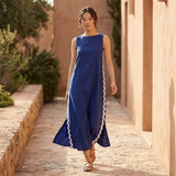 Blue Cotton Poplin Wavy Stripe Maxi Shift Dress