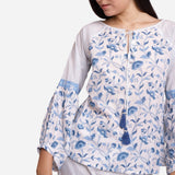 Front Detail of a Model wearing Blue Block Printed A-Line Cotton Top