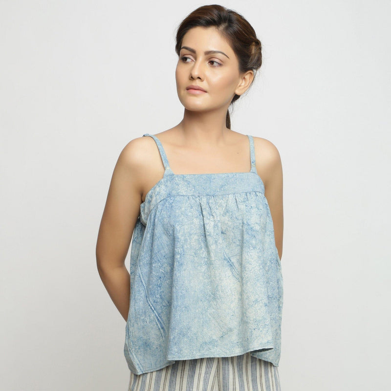 Front View of a Model wearing Blue Dabu Print Strappy Camisole Top