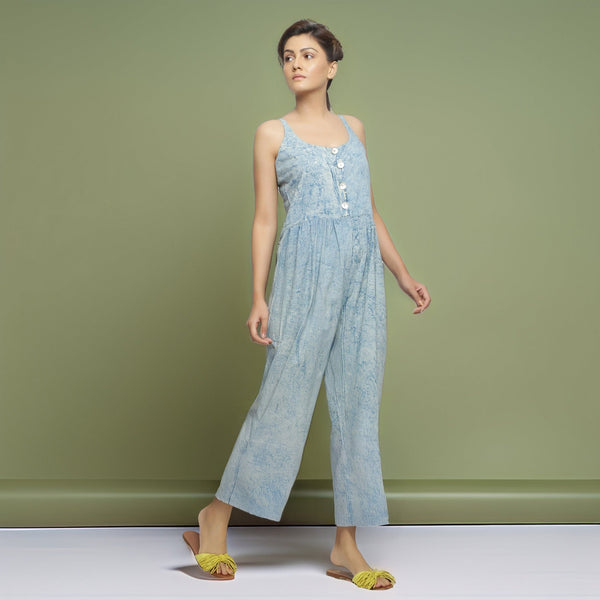 Blue Dabu Print Natural-Dyed Cotton Jumpsuit