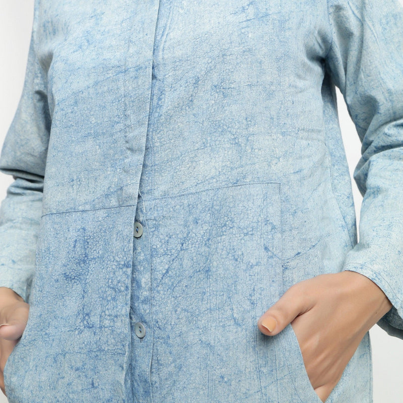 Front Detail of a Model wearing Dabu Printed Natural Dyed Blue Top