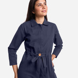 Front Detail of a Model wearing Blue Wide Legged Cotton Overall