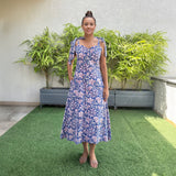 Blue Floral Block Print Cotton Button-Down Sweetheart Neck Midi Dress