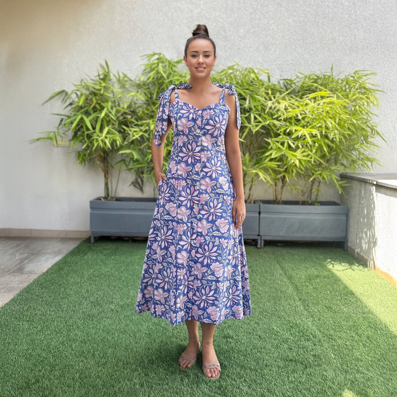 Blue Floral Block Print Cotton Button-Down Sweetheart Neck Midi Dress