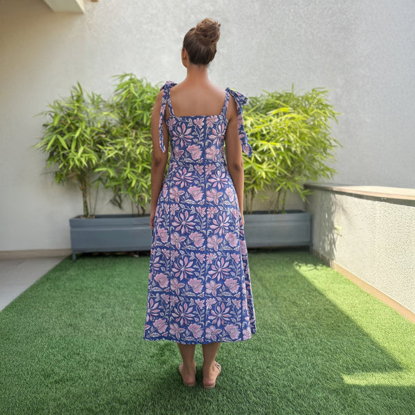 Blue Floral Block Print Cotton Button-Down Sweetheart Neck Midi Dress