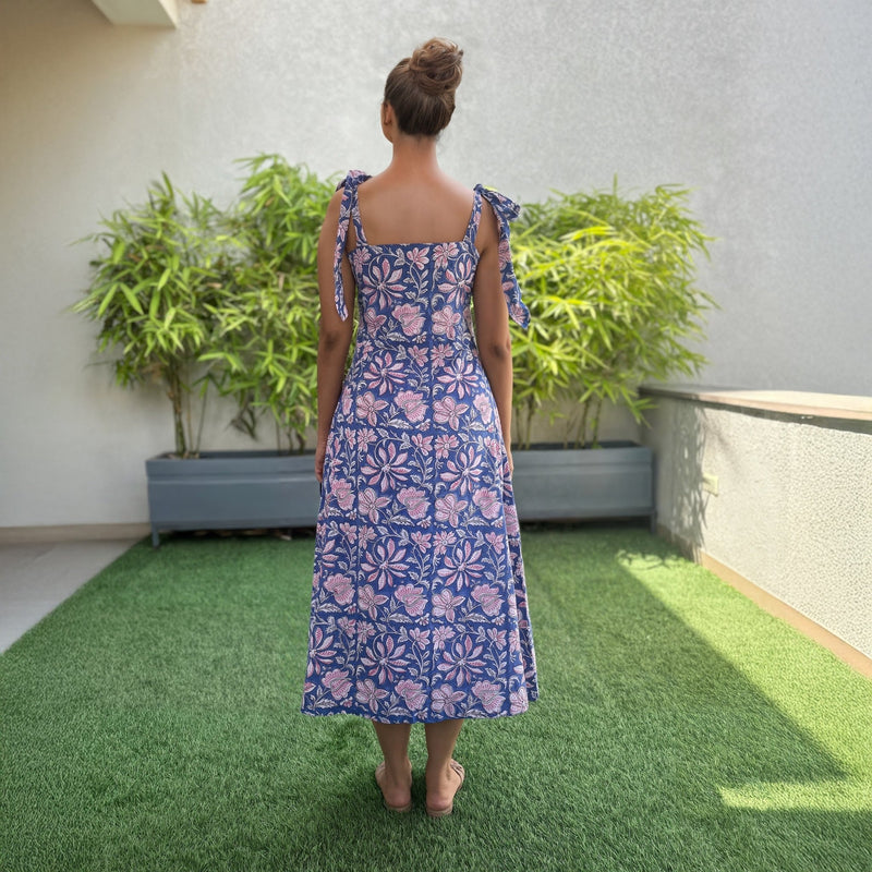 Blue Floral Block Print Cotton Button-Down Sweetheart Neck Midi Dress