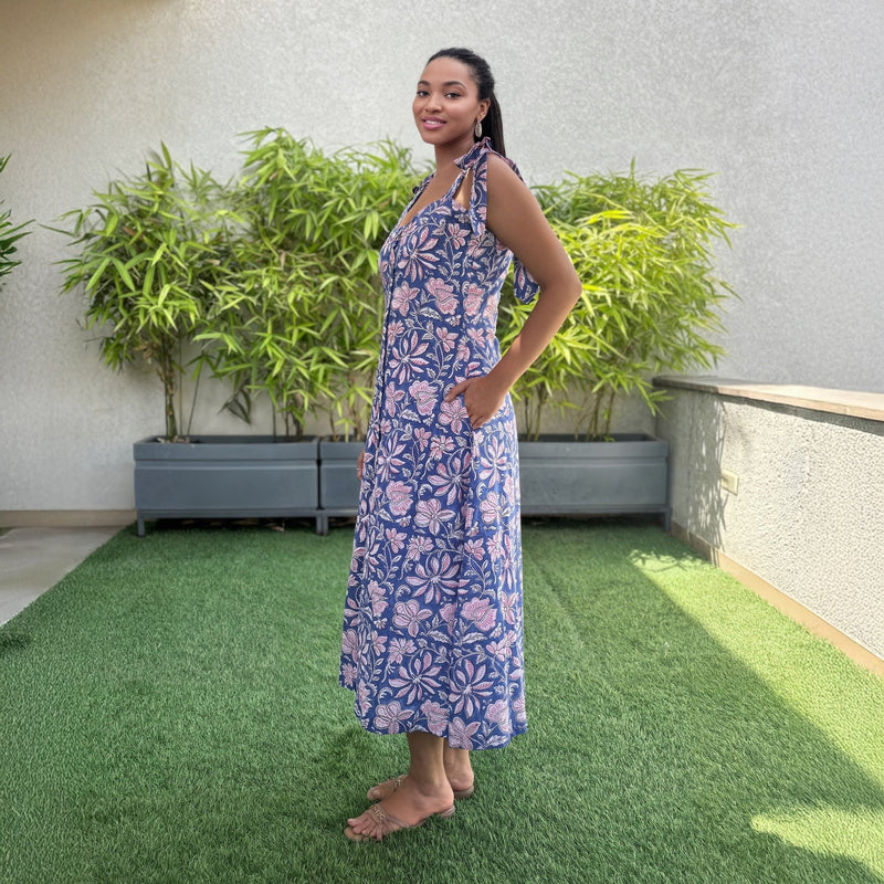 Blue Floral Block Print Cotton Button-Down Sweetheart Neck Midi Dress
