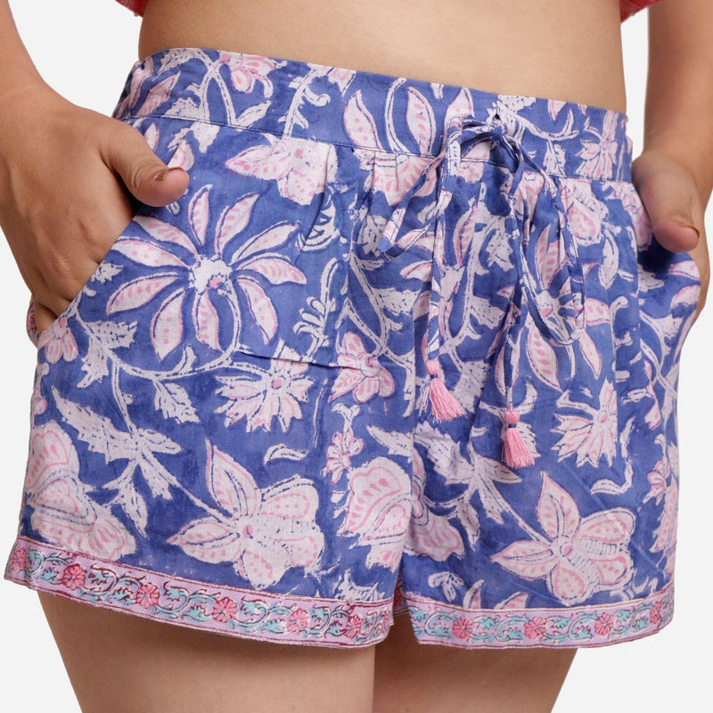 Front Detail of a Model wearing Blue Sanganeri Print Floral Short Shorts