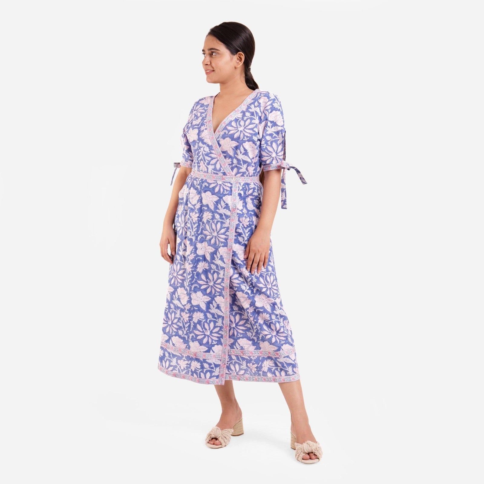 blue floral midi wrap dress Light Blue Floral Prom Dress with Pearl Trim & Open Back – AS043 –  Viniodress main image 0