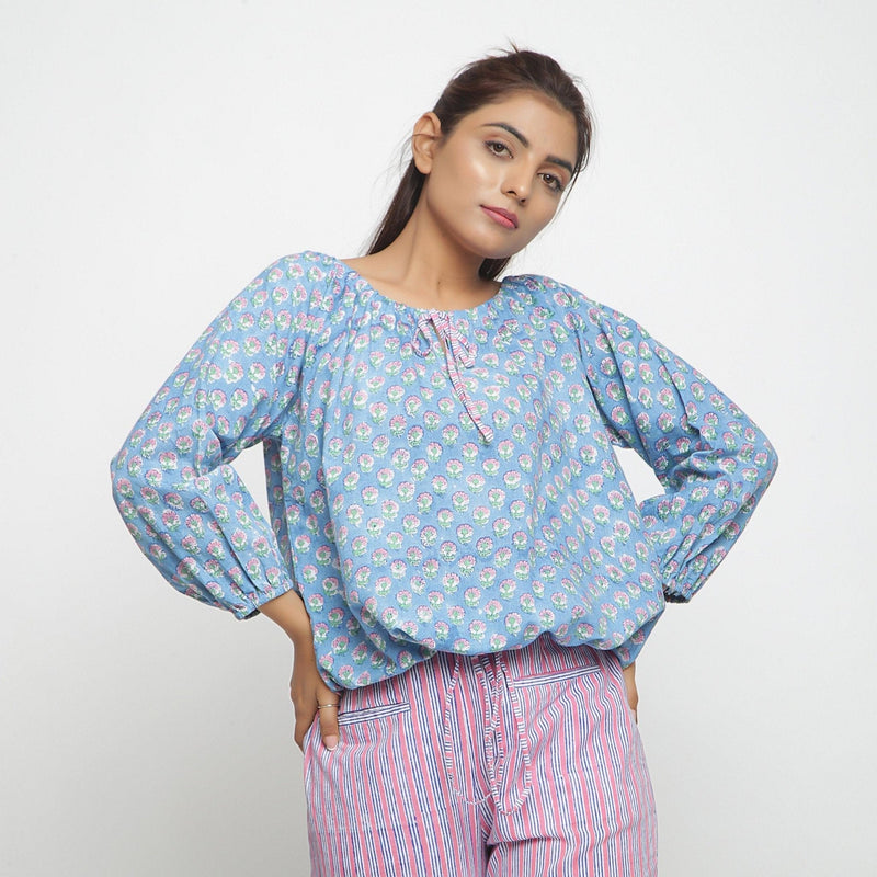 Front View of a Model wearing Floral Hand Block Printed Balloon Top